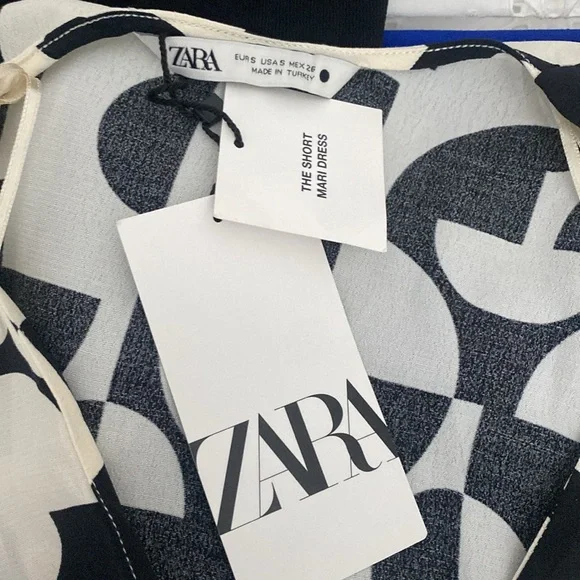 NWT Zara Abstract Women S Black White Long Sleeve Mini Dress-V-Neck Button Front - Picture 9 of 11